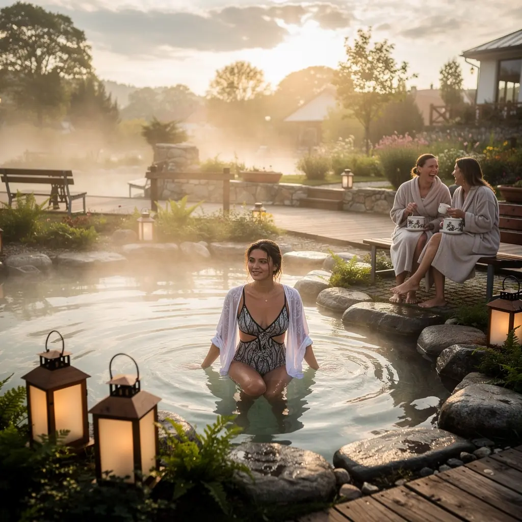 An inviting spa resort with outdoor thermal pools, offering a peaceful atmosphere for relaxation.